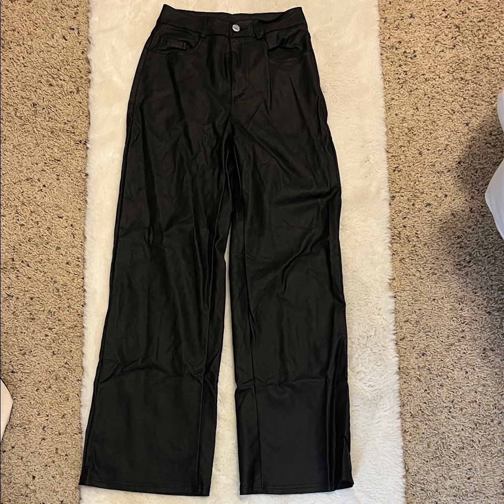 Black Leather Wide-Leg Pants
